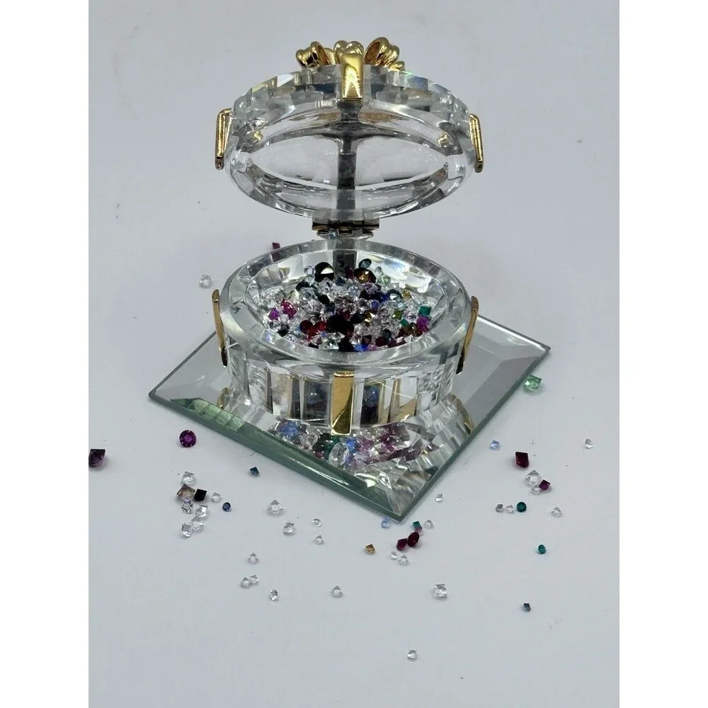 Glass Trinket Box Gold Bow Hinged Jewelry Holder Ring Box w Mirror
